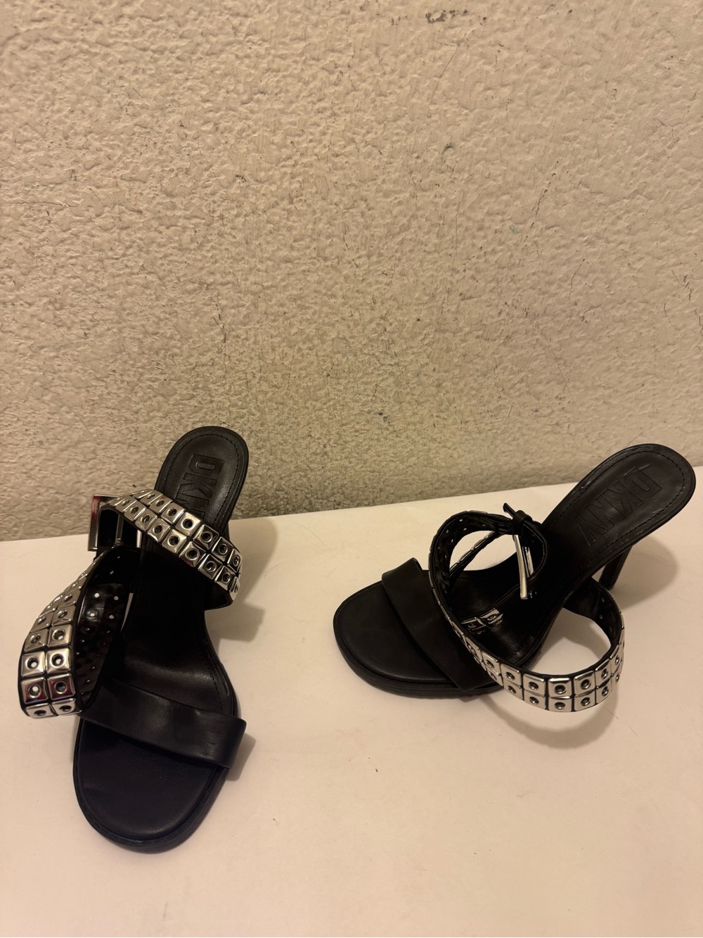 DKNY Black Heeled Sandals with Silver Stud Accents